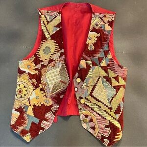 Vintage Vest Med. Tapestry Burgundy Green Lagan Look Gold Buttons Boho Academia